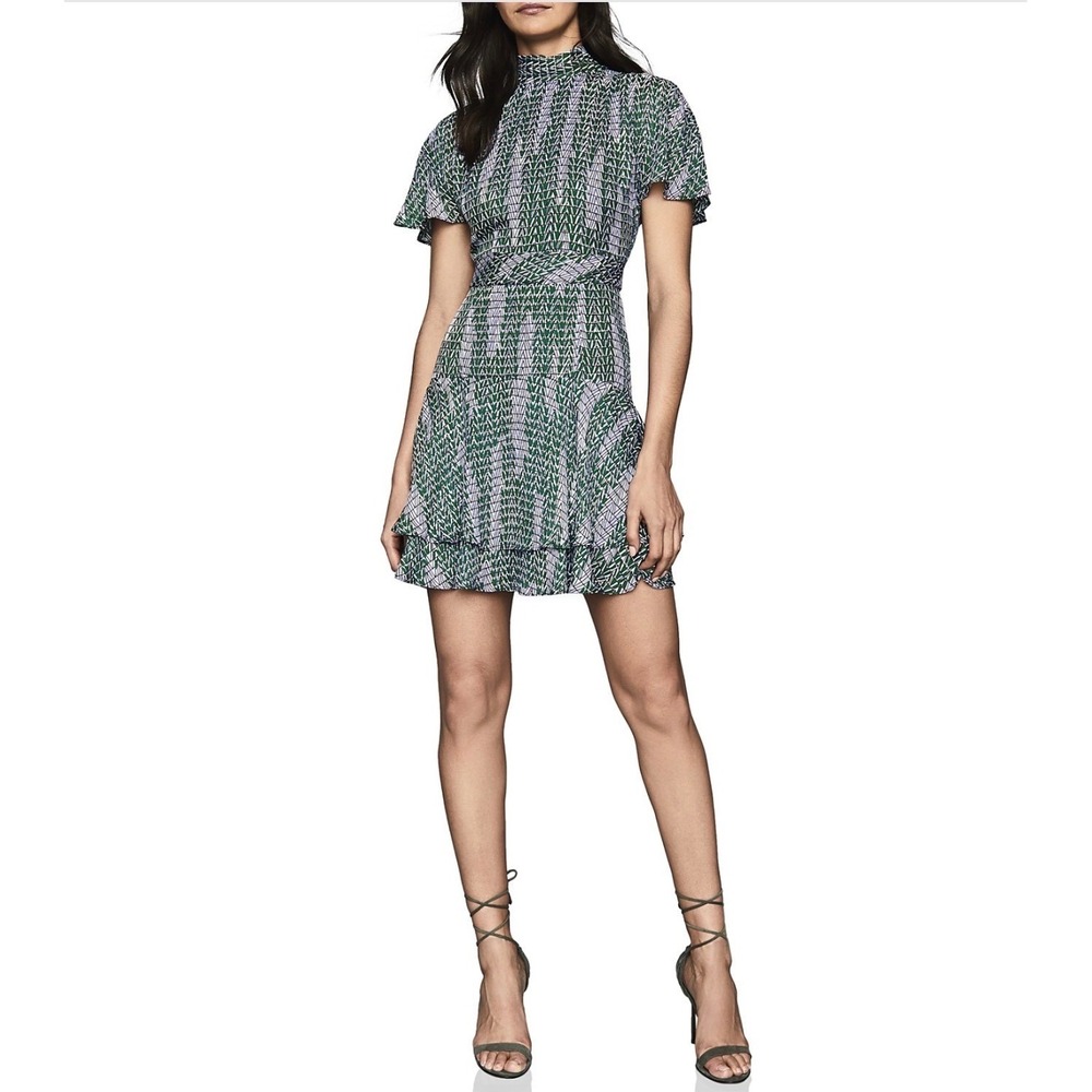 Reiss Natalie Geo Print Split‎ Sleeve Mini Dress Green Size 0